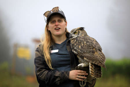 Vancouver, America - August 18, 2019: Owl at Grouse Mountain, Vancouver, Americaのeditorial素材