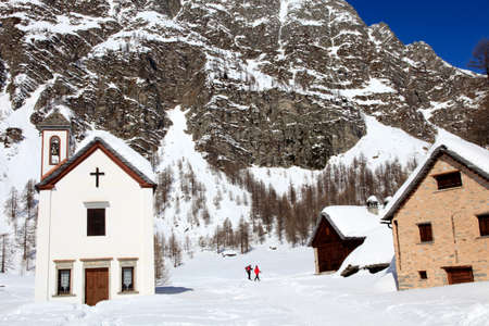 Devero Park ( Verbano-Cusio-Ossola ), Italy - January 15, 2017: The church in Crampiolo village at Alpe Devero Park, Ossola Valley, VCO, Piedmont, Italyのeditorial素材