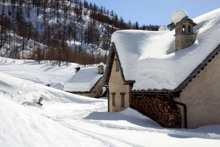 Devero Park ( Verbano-Cusio-Ossola ), Italy - January 15, 2017: Crampiolo village and houses in Alpe Devero Park, Ossola Valley, VCO, Piedmont, Italyのeditorial素材