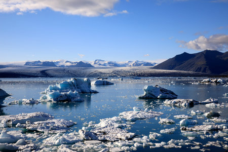 Jokulsarlon / Iceland - August 29, 2017: Ice formations and icebergs in Glacier Lagoon, Iceland, Europeのeditorial素材