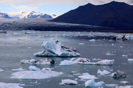 Jokulsarlon / Iceland - August 29, 2017: Ice formations and icebergs in Glacier Lagoon, Iceland, Europeのeditorial素材