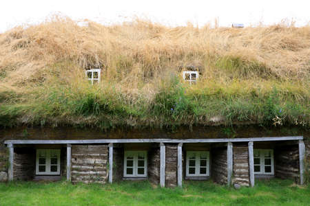 Akureyri / Iceland - August 26, 2017: A turf house in Laufas Folk museum area, Iceland, Europeのeditorial素材