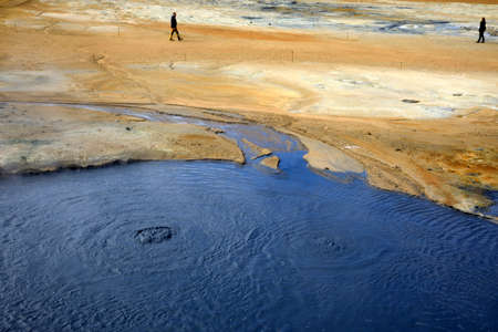 Hverir / Iceland - August 30, 2017: Hot water at Hverir geothermal area near Namafjall mountain, Myvatn Lake area, Iceland, Europeのeditorial素材