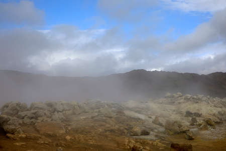 Hverir / Iceland - August 30, 2017: Hverir geothermal and sulfur area near Namafjall mountain, Myvatn Lake area, Iceland, Europeのeditorial素材