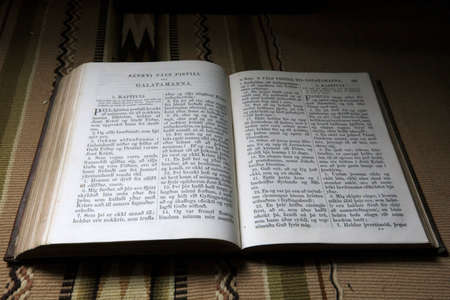 Akureyri / Iceland - August 26, 2017: An old book in Laufas Folk museum, Iceland, Europeのeditorial素材