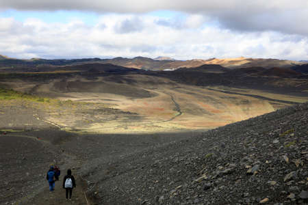 Myvatn / Iceland - August 30, 2017: Tourists on pathway to Hiverfjall Volcano, Iceland, Europeのeditorial素材