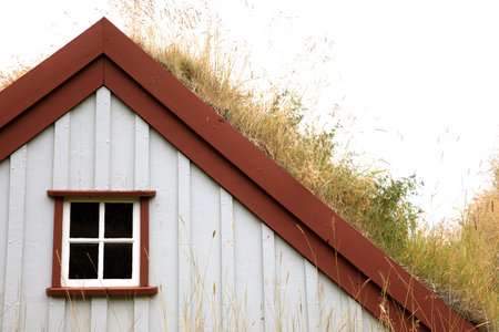 Akureyri / Iceland - August 26, 2017: Typical houses with turf roof in Laufas Folk museum area, Iceland, Europeのeditorial素材