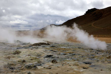 Hverir / Iceland - August 30, 2017: Hverir geothermal and sulfur area near Namafjall mountain, Myvatn Lake area, Iceland, Europeのeditorial素材