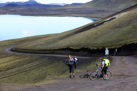 Landmannalaugar / Iceland - August 15, 2017: Tourist on the road to Landmannalaugar park, Iceland, Europeのeditorial素材