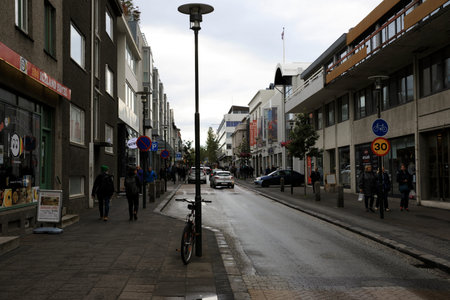 Reykjavik / Iceland - August 15, 2017: A road and houses in Reykjavik city, Iceland, Europeのeditorial素材