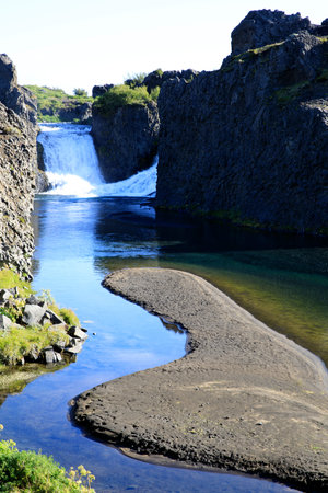 Hjalparfoss / Iceland - August 26, 2017: The Hjalparfoss river and waterfall, Iceland, Europeのeditorial素材