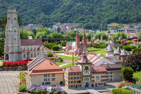 Melide / Switzerland - June 21, 2020: A view of Swissminiatur, open-air miniature park placed in Melide, on the shore of Lake Lugano, Melide, Lugano, Switzerland, Europe.のeditorial素材