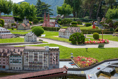 Melide / Switzerland - June 21, 2020: A view of Swissminiatur, open-air miniature park placed in Melide, on the shore of Lake Lugano, Melide, Lugano, Switzerland, Europe.のeditorial素材