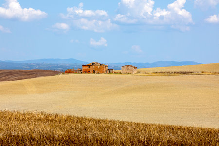 Asciano (SI), Italy - August 02, 2021: Typical scenary of Crete Senesi, Asciano, Siena, Tuscany, Italyのeditorial素材