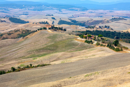 Asciano (SI), Italy - August 02, 2021: Typical scenary of Crete Senesi, Asciano, Siena, Tuscany, Italyのeditorial素材