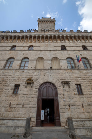 Montepulciano (SI), Italy - August 02, 2021: View of Town Hall in Montepulciano town, Tuscany, Italyのeditorial素材
