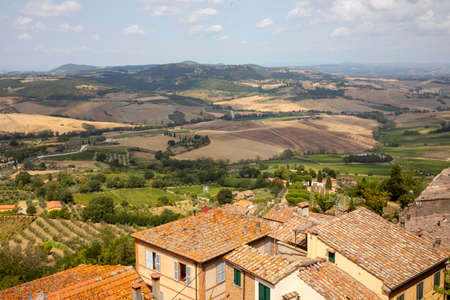 Montepulciano (SI), Italy - August 02, 2021: View of the hills from Montepulciano town, Tuscany, Italyのeditorial素材