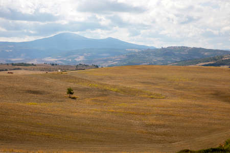 San Quirico d 'Orcia (SI), Italy - August 05, 2021: Landscape near The Cappella della Madonna di Vitaleta, Tuscany, Italyのeditorial素材