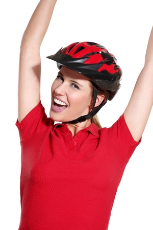 a young woman with a bike helmet on white の写真素材