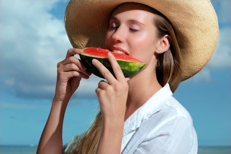 Beautiful smiling woman refreshing on the beach drink in the handの写真素材