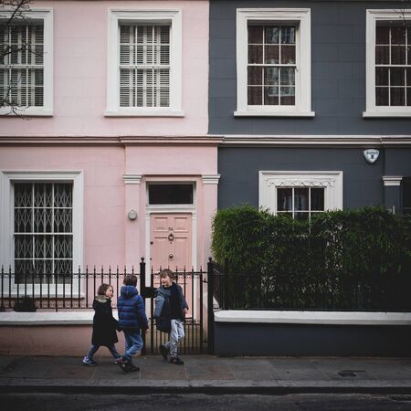 Coloured painted house terraces in London, 2017. Squared format.のeditorial素材