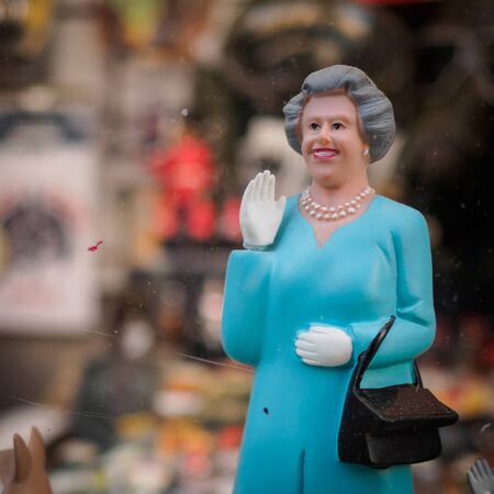 Queen Elizabeth II doll, Portobello Road Market. London, 2017. Square format.のeditorial素材