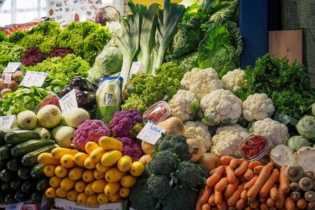 Vegetable stall in the Central Market Hall in Budapest (Hungary). Landscape format.の写真素材