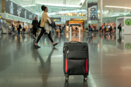 Suitcase in the departure hall at airport. Travel concept.の写真素材