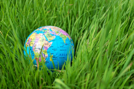 Small globe in the grass. Travel and global issues concept.の写真素材