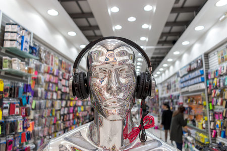 Silver glossy mannequin in modern headphones in the store.