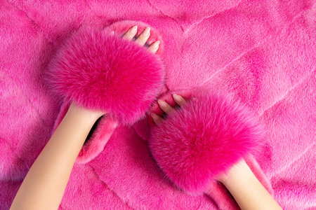 Female hands holding beautiful fur slippers on the fluffy fur plaid. Flat lay.