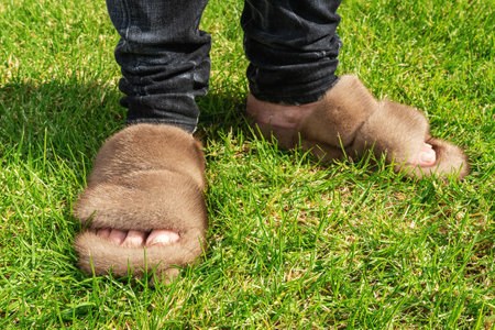 Beautiful fluffy fur slippers on legs.の写真素材