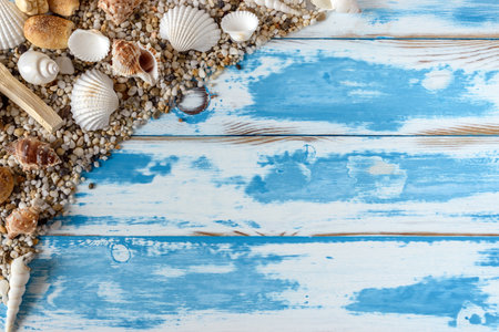 Sea shells frame on vintage blue wooden board. Summer holiday background.の写真素材