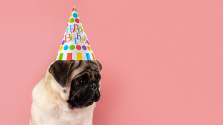 Funny Pug dog wearing happy birthday hat on pink background.の写真素材