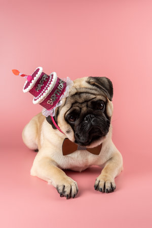 Funny Pug dog wearing pink happy birthday hat on pink background.の写真素材