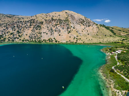 Aerial top view by drone of Kournas lake on Crete island. Greece.の写真素材