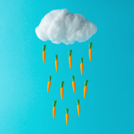 White cotton cloud with Easter carrots on blue background. Minimal spring holiday concept.