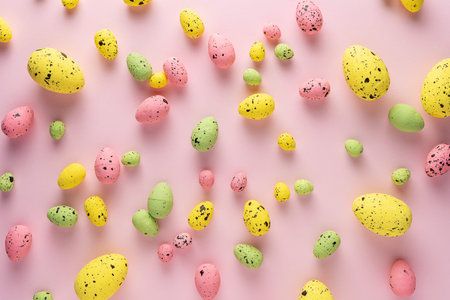Creative layout with different colorful Easter eggs on pink background. Minimal spring holidays...