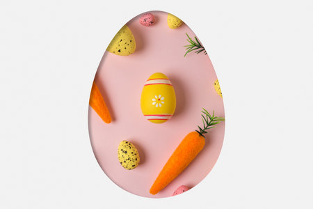 Egg shape cut in the white paper with different colorful Easter eggs. Minimal spring holidays...