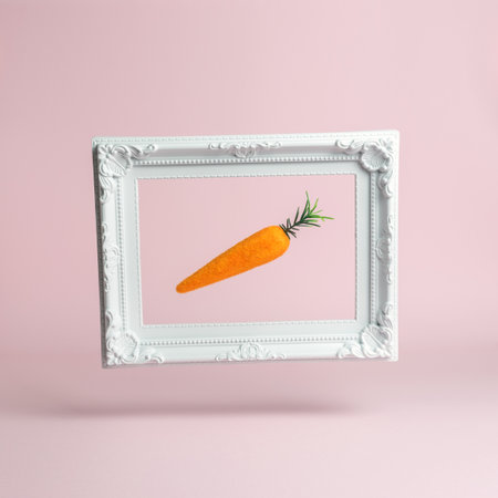 Easter carrot with white vintage frame. Minimal Easter concept.の写真素材