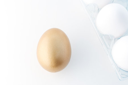 One gold egg and white eggs on white backgroundの写真素材