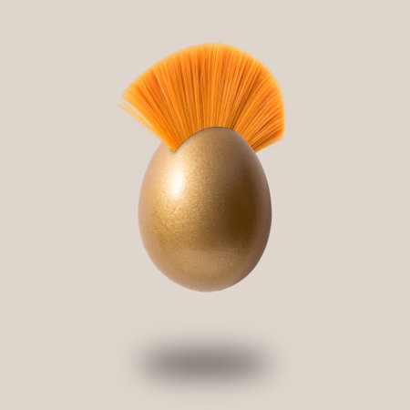 Golden Easter egg with mohawk hair. Minimal concept.の写真素材