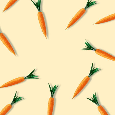Creative Easter pattern made with carrots on yellow background. Minimal Easter composition.Flat lay.の写真素材