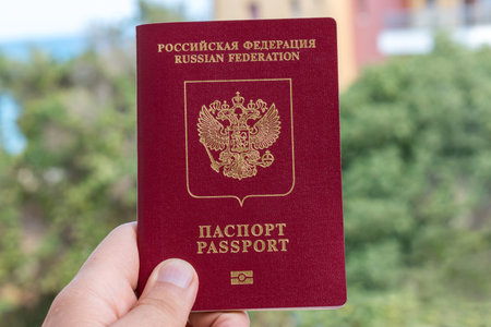 Russian foreign passport in the handの写真素材