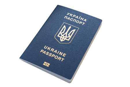 Foreign passport of Ukraine isolated on white background. Ukrainian traveler. The Ukrainian migrant. Visa-free regime for Ukraineの写真素材