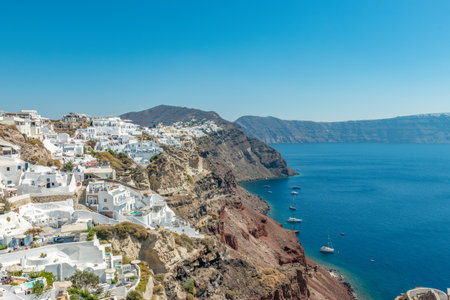 View of Oia town with white houses on Santorini island. Greece.の写真素材