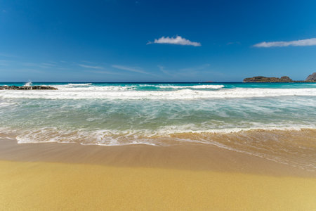 Beautiful sandy beach on sea background.の写真素材