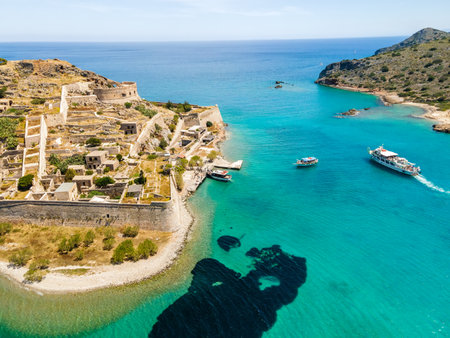 Aerial drone view of an old Venetian fortress island. Spinalonga, Crete, Greece.の写真素材