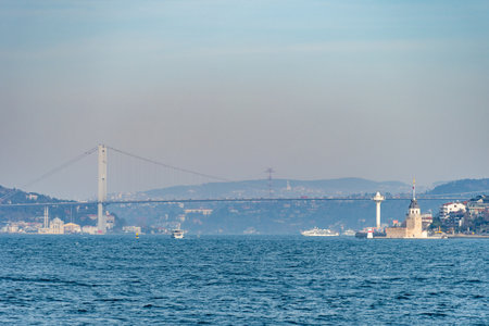 View of Bosphorus Bridge and boats in Istanbul, Turkey.の写真素材
