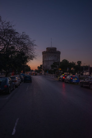 Beautiful view of White Tower during sunrise in Thessaloniki, Greece.の写真素材